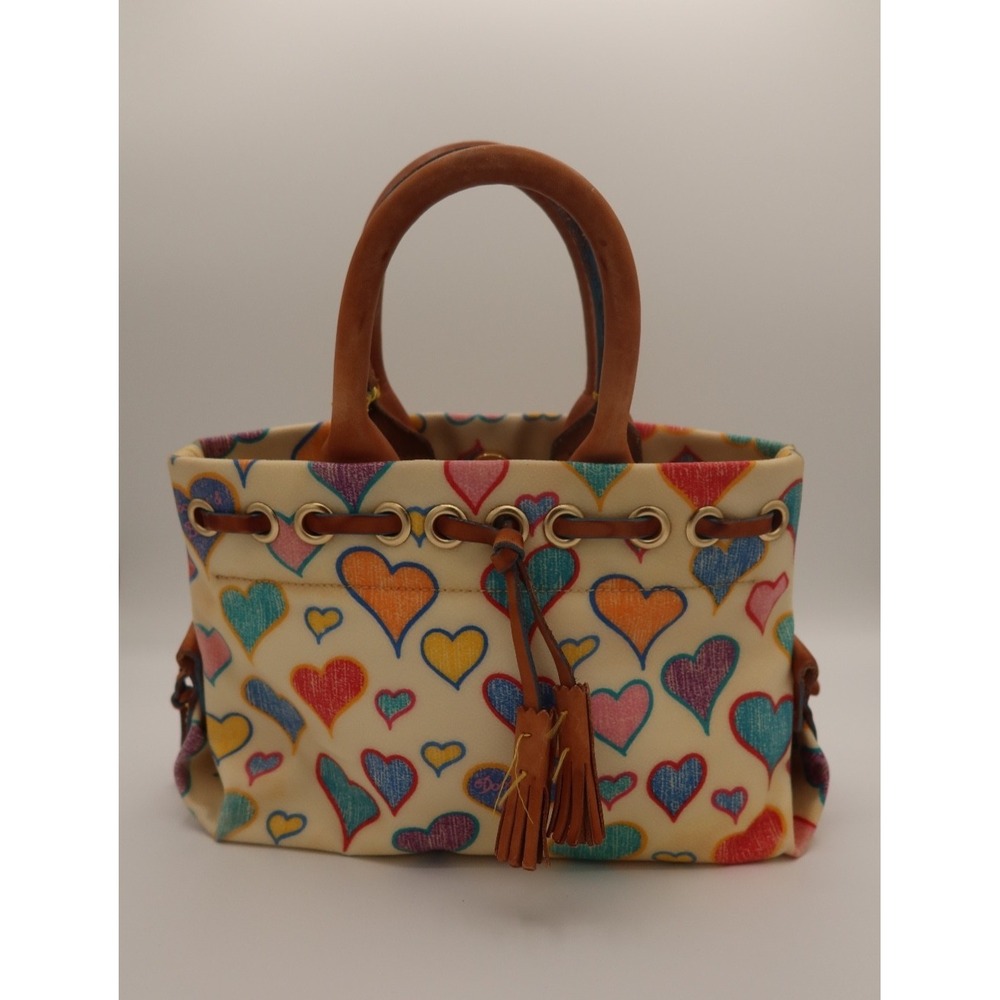Dooney & Bourke Heart Print Satchel Handbag Multicolor Leather Trim Tassel Y2K